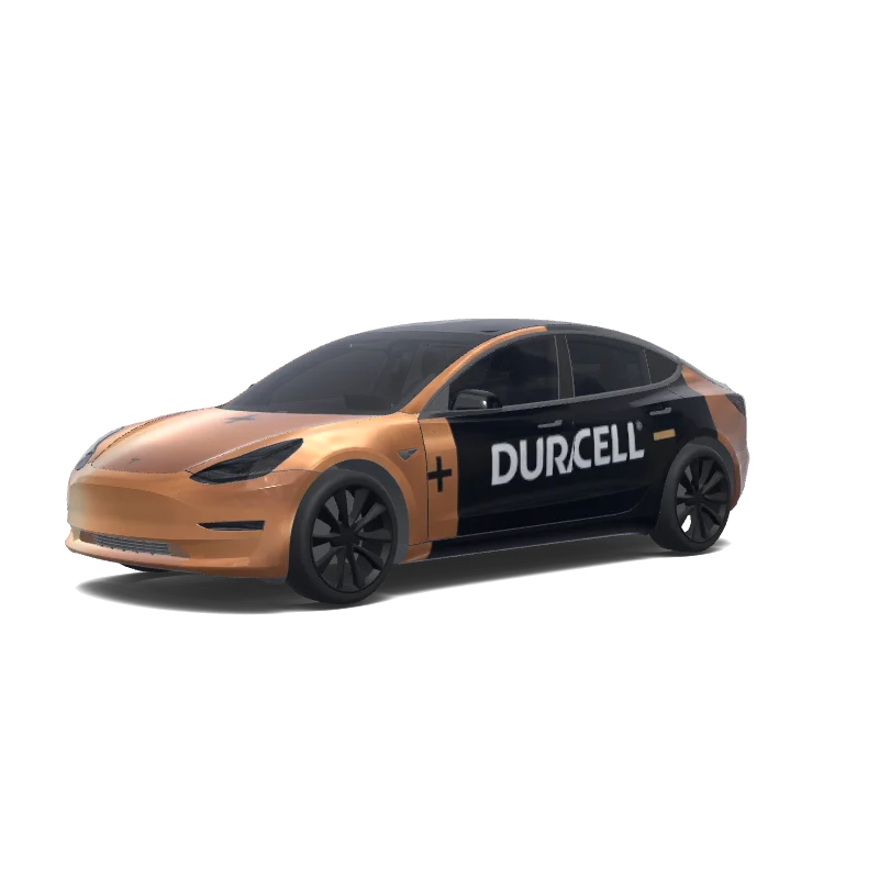 Tesla Model 3 with a A double A duracell battery wrap, 3D preview