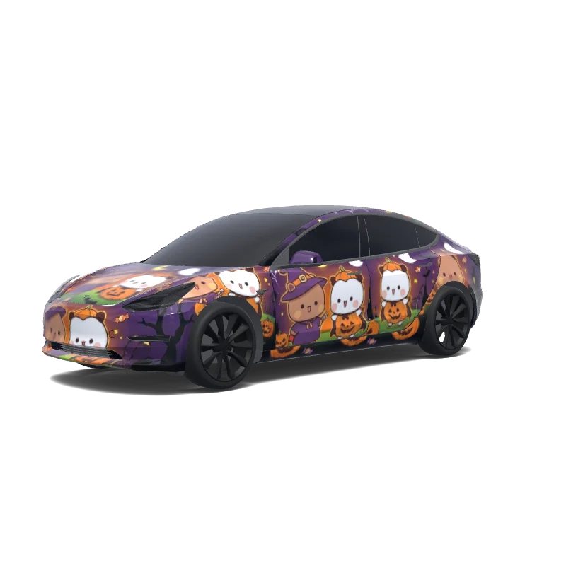 Tesla Model 3 with a a halloween version of bubu dudu wrap, 3D preview