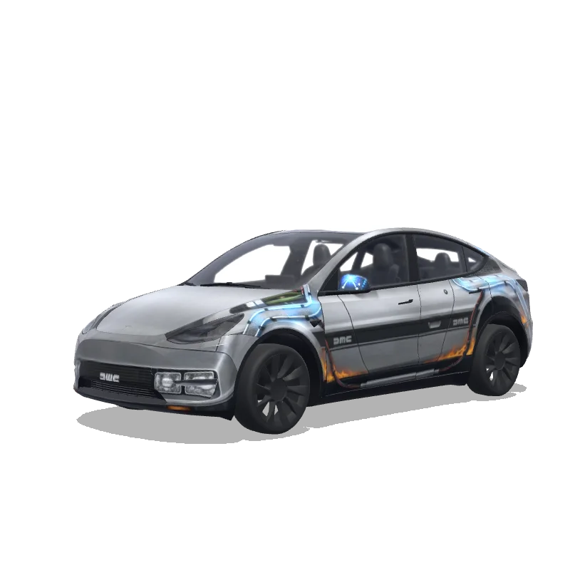 Tesla Model Y with a back to the future wrap, 3D preview