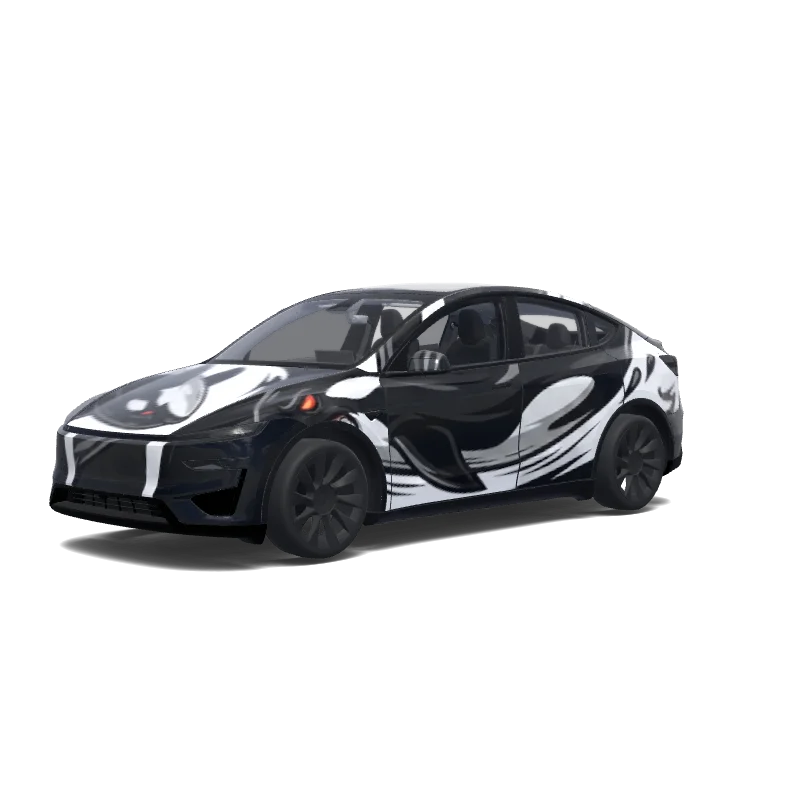 Tesla Model Y (2025+) with a Black wrap, 3D preview