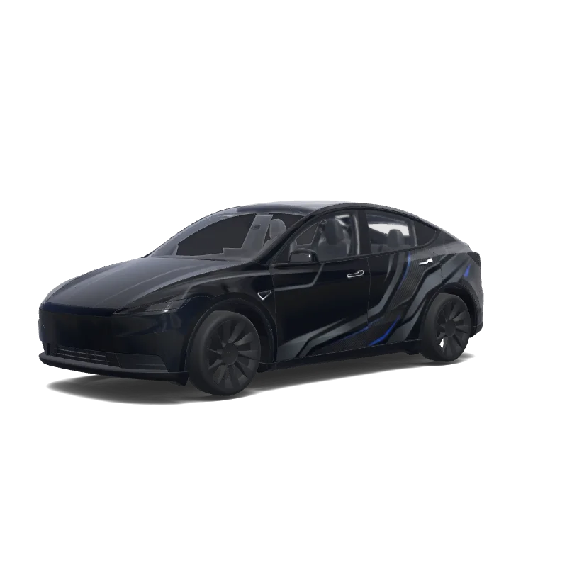 Tesla Model Y (2025+) with a Carbon Fiber Matte blue and black wrap, 3D preview