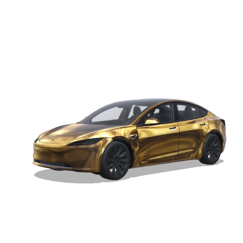 Tesla Model 3 (2024+) with a Chrome gold wrap, 3D preview
