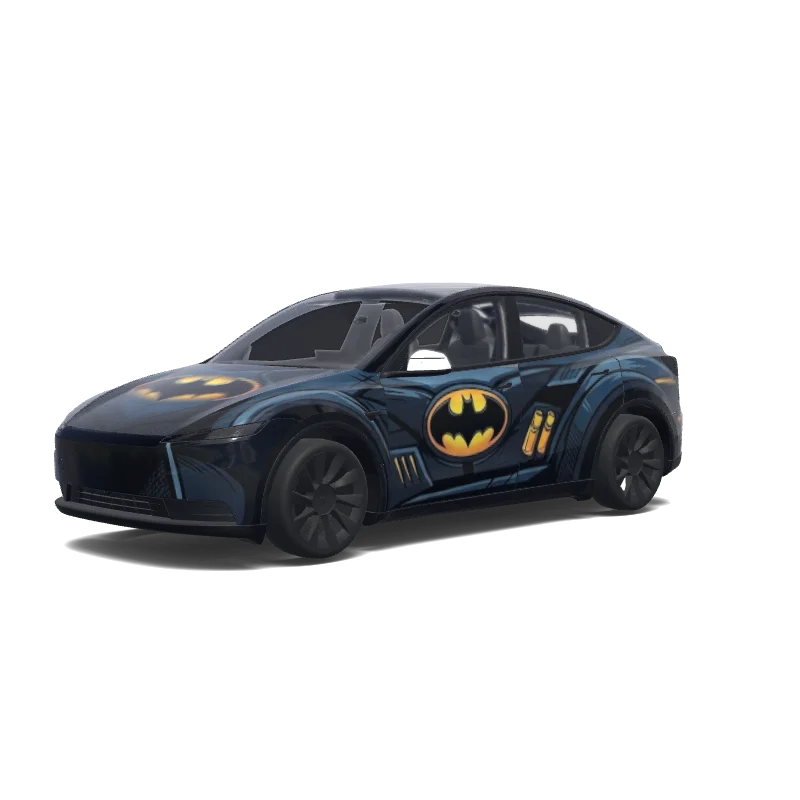 Tesla Model Y (2025+) with a comic book style Batmobile wrap, 3D preview