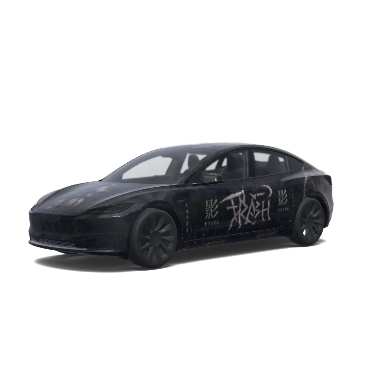 Tesla Model 3 (2024+) with a Cyberpunk Racing red and blue wrap, 3D preview