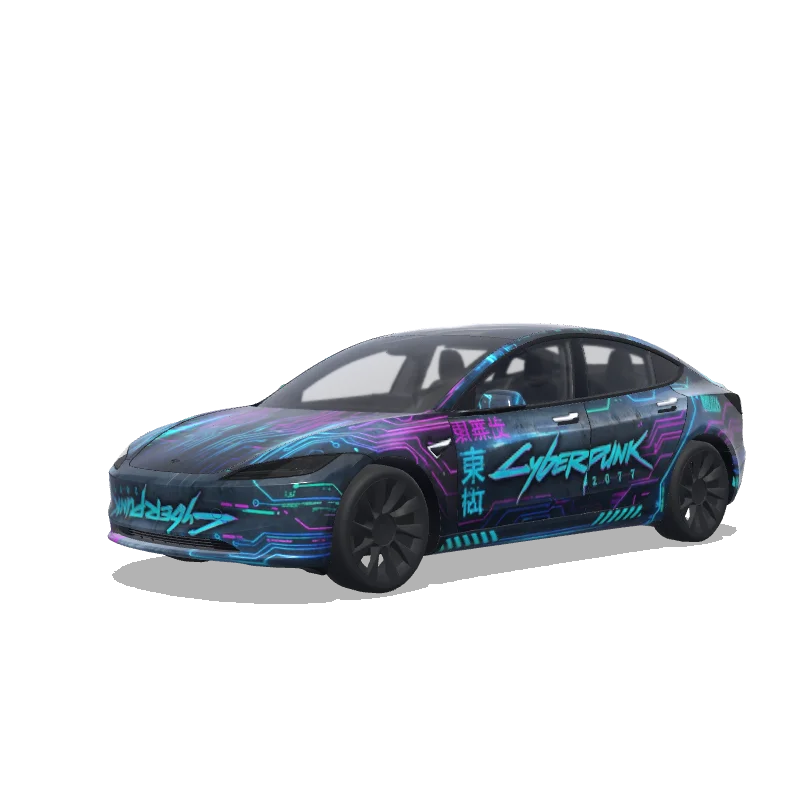 Tesla Model 3 (2024+) with a Cyberpunk wrap, 3D preview