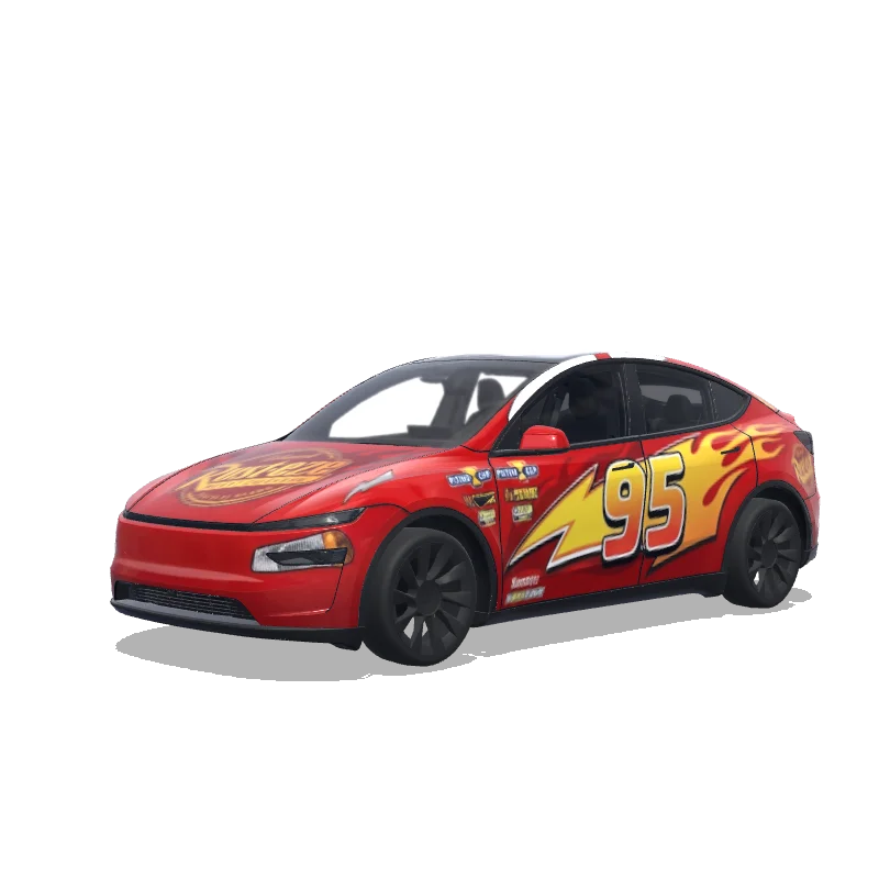 Tesla Model Y (2025+) with a Disney the car lighting McQueen wrap, 3D preview