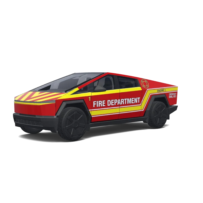 Tesla Cybertruck with a Fire Department red and white wrap, 3D preview