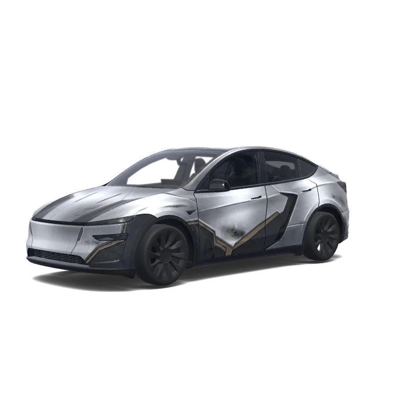 Tesla Model Y (2025+) with a Geometric black and silver wrap, 3D preview
