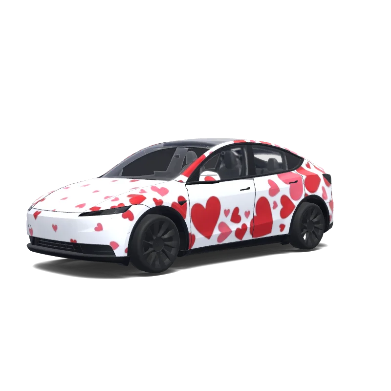Tesla Model Y (2025+) with a Heart pink and red wrap, 3D preview