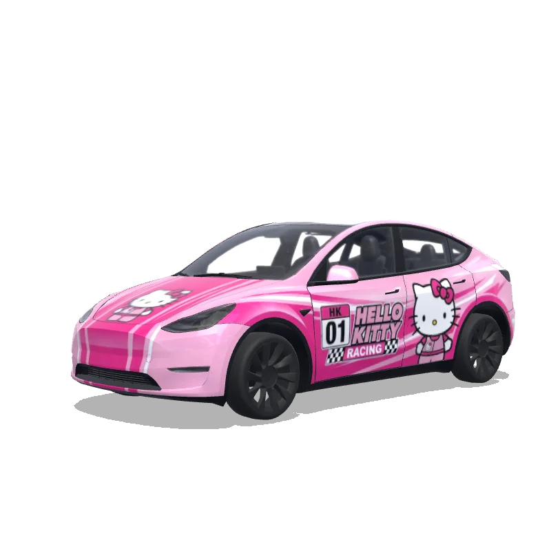 Tesla Model Y with a Hello Kitty baby-pink wrap, 3D preview