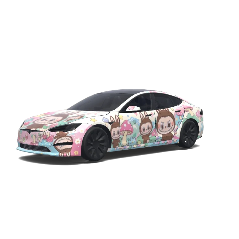 Tesla Model S with a Labubu wrap, 3D preview
