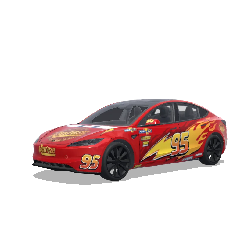 Tesla Model 3 (2024+) with a Lightning McQueen wrap, 3D preview