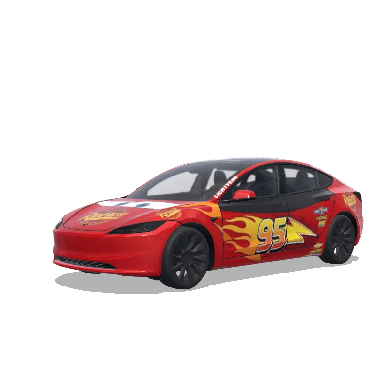 Tesla Model 3 (2024+) with a Lightning McQueen wrap, 3D preview