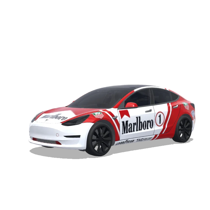 Tesla Model 3 with a Marlboro rare car decal wrap, 3D preview