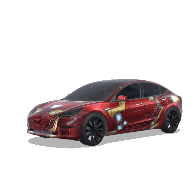 Tesla Model 3 with a Marvel Iron Man car paint job wrap, 3D preview