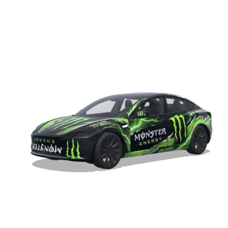 Tesla Model 3 (2024+) with a monster energy drink wrap, 3D preview