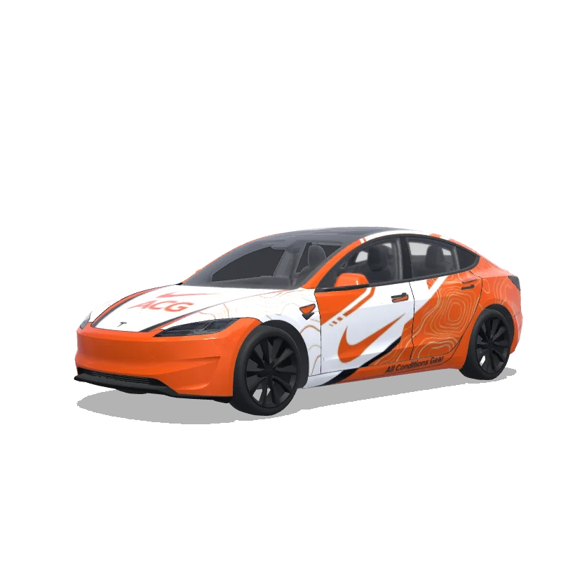 Tesla Model 3 (2024+) with a Orange And White wrap, 3D preview