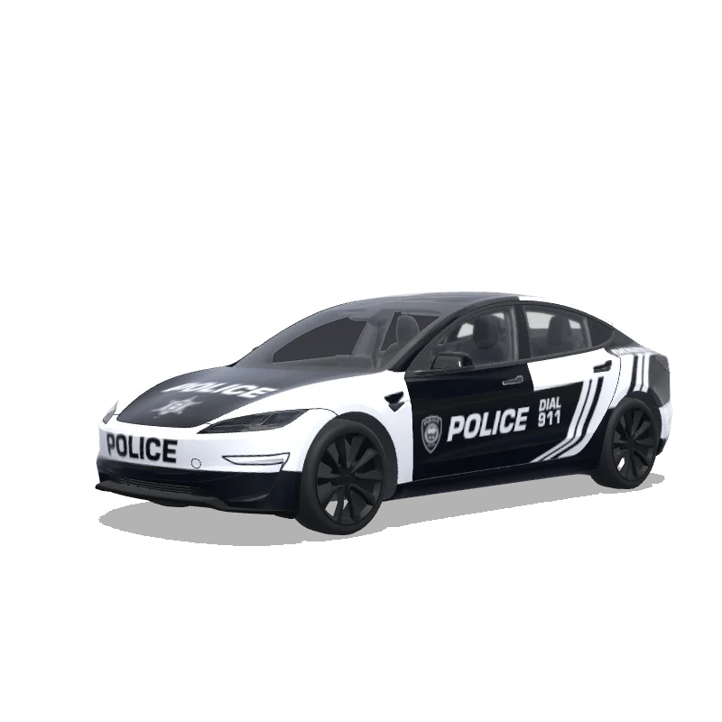 Tesla Model 3 (2024+) with a Police Stripes black and white wrap, 3D preview