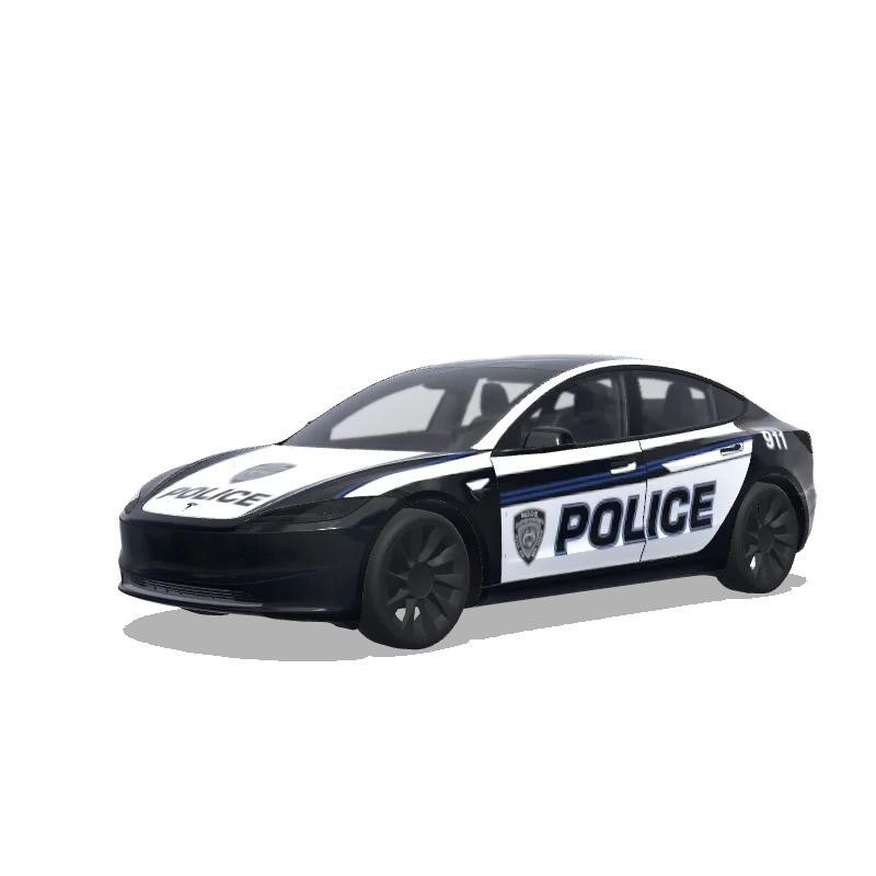 Tesla Model 3 (2024+) with a Police Stripes black and white wrap, 3D preview