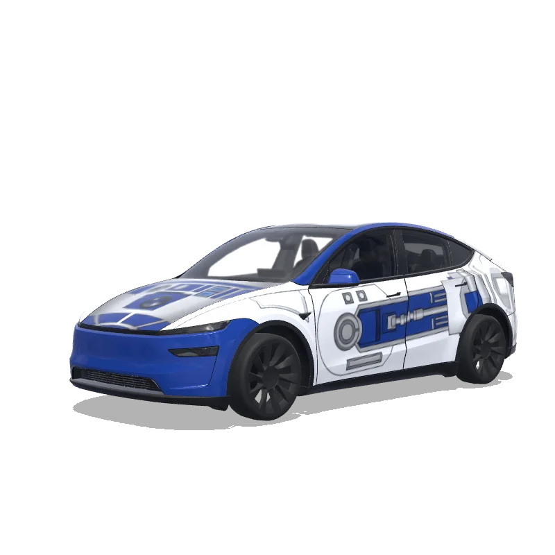 Tesla Model Y (2025+) with a シンプルなR2D2のデザイン風 wrap, 3D preview