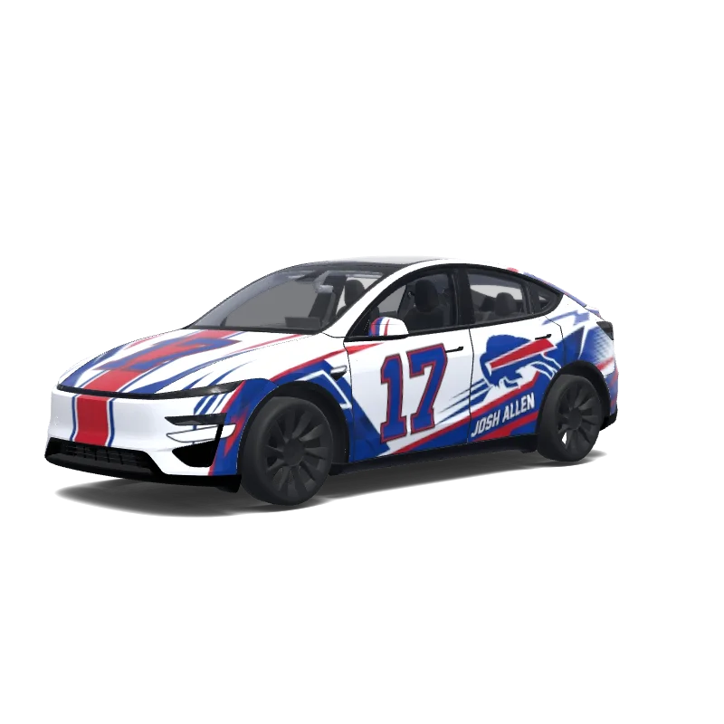 Tesla Model Y (2025+) with a Racing Stripes red and blue wrap, 3D preview