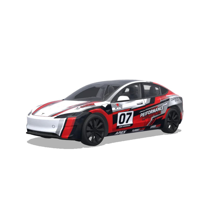 Tesla Model 3 (2024+) with a Racing Stripes wrap, 3D preview