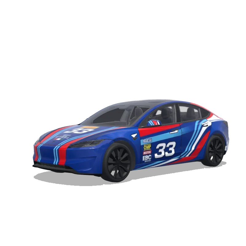 Tesla Model 3 (2024+) with a Racing Stripes wrap, 3D preview