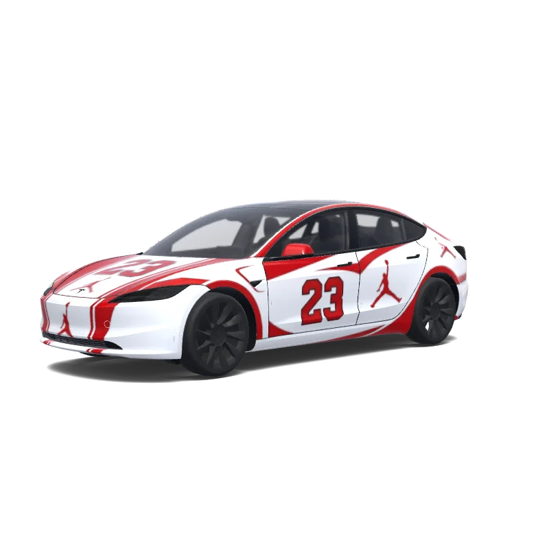 Tesla Model 3 (2024+) with a Red And White wrap, 3D preview