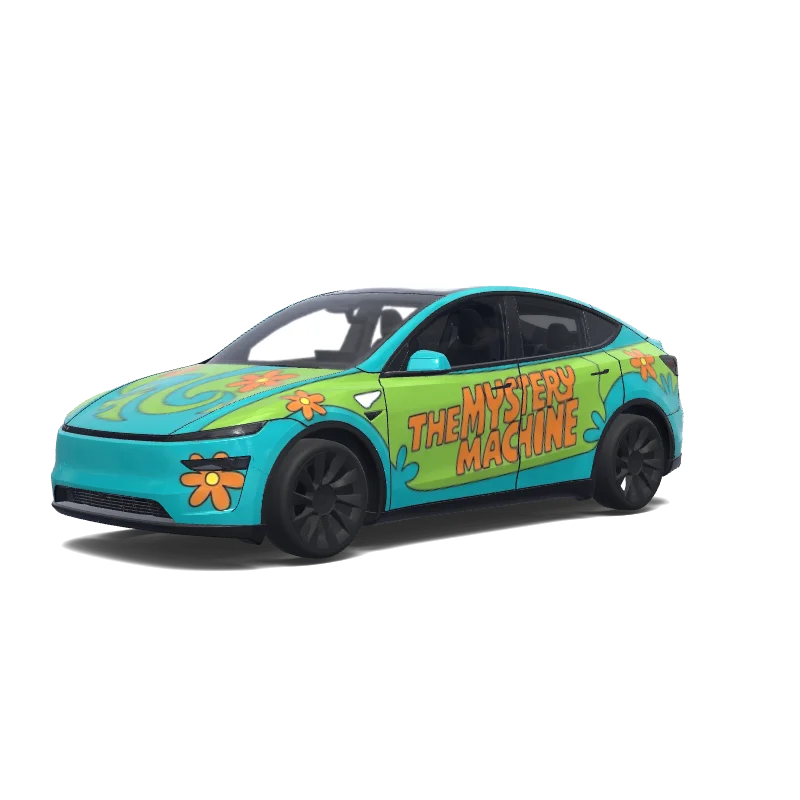 Tesla Model Y (2025+) with a scooby doo myster machine wrap, 3D preview