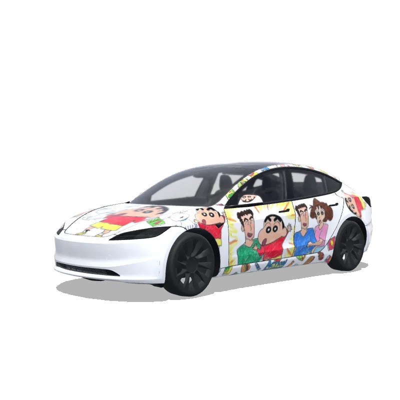 Tesla Model 3 (2024+) with a Shinchan wrap, 3D preview