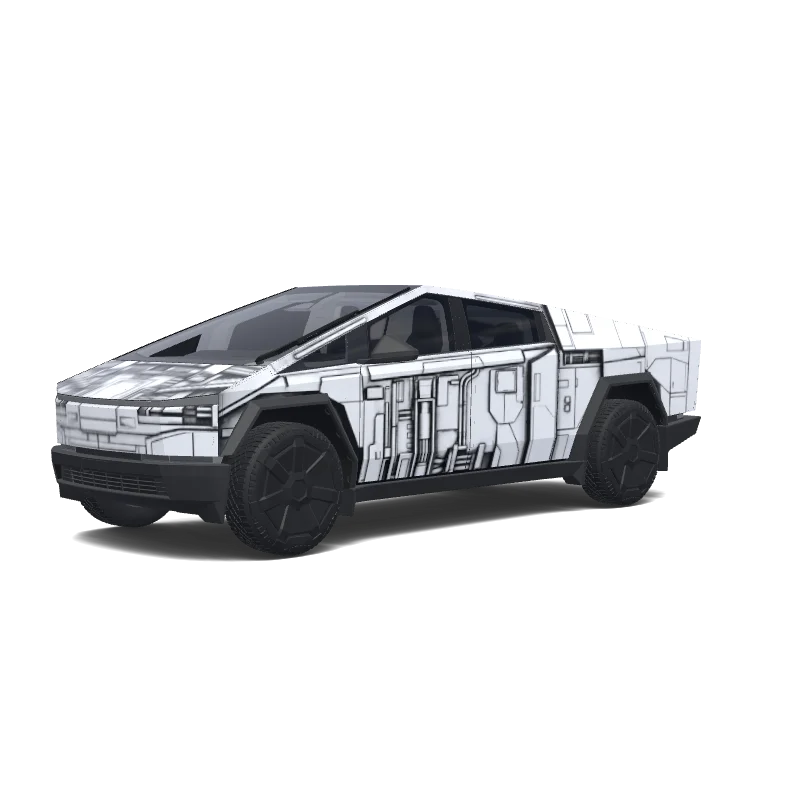 Tesla Cybertruck with a Star black and white wrap, 3D preview
