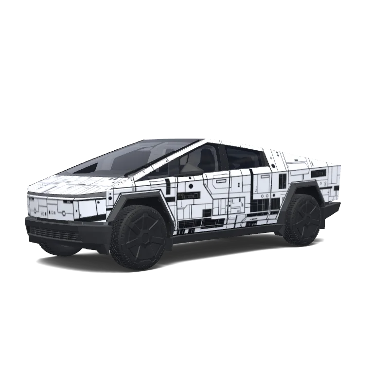 Tesla Cybertruck with a Star black and white wrap, 3D preview