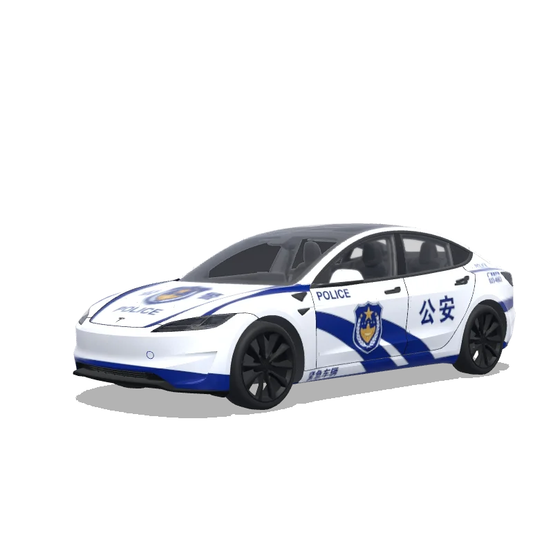 Tesla Model 3 (2024+) with a 警车涂装，蓝白条纹，官方徽章和紧急车辆标记 wrap, 3D preview