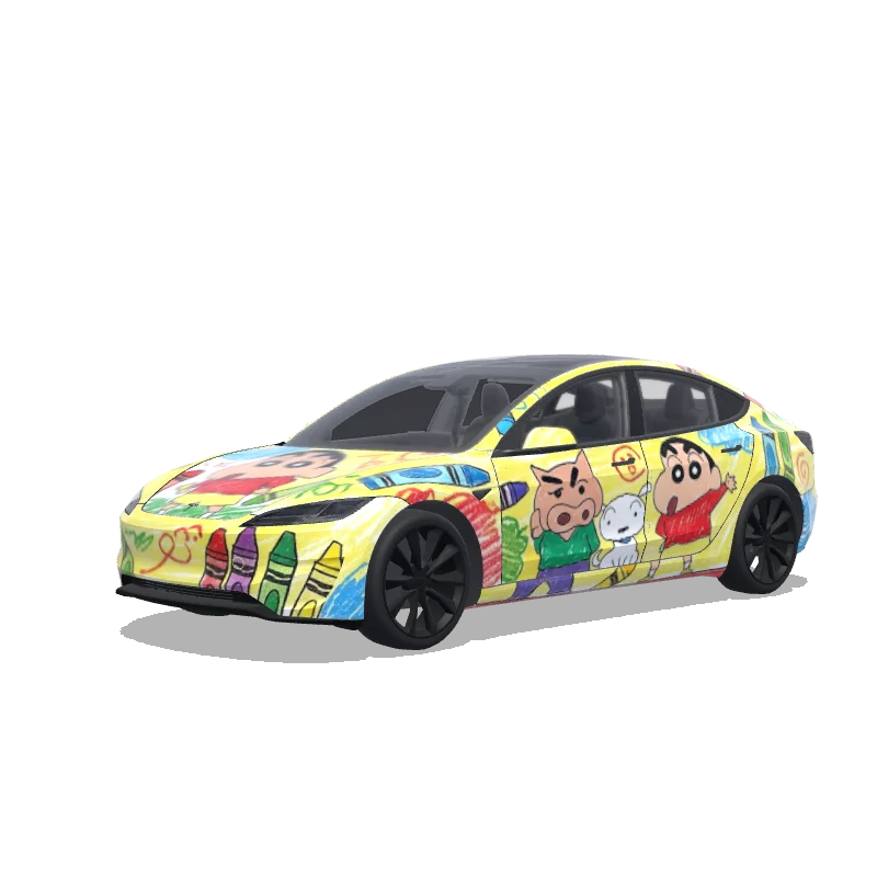 Tesla Model 3 (2024+) with a 小新，蜡笔风格 wrap, 3D preview