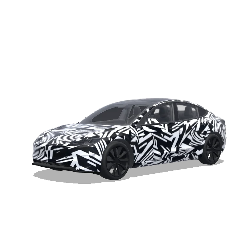 Tesla Model 3 (2024+) with a 試作車のようカモフラージュ 白黒で wrap, 3D preview