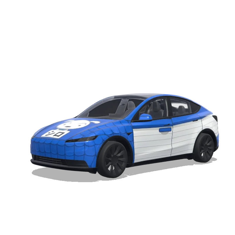 Tesla Model Y (2025+) with a 하얀 강아지 같은 자동차 스킨 wrap, 3D preview