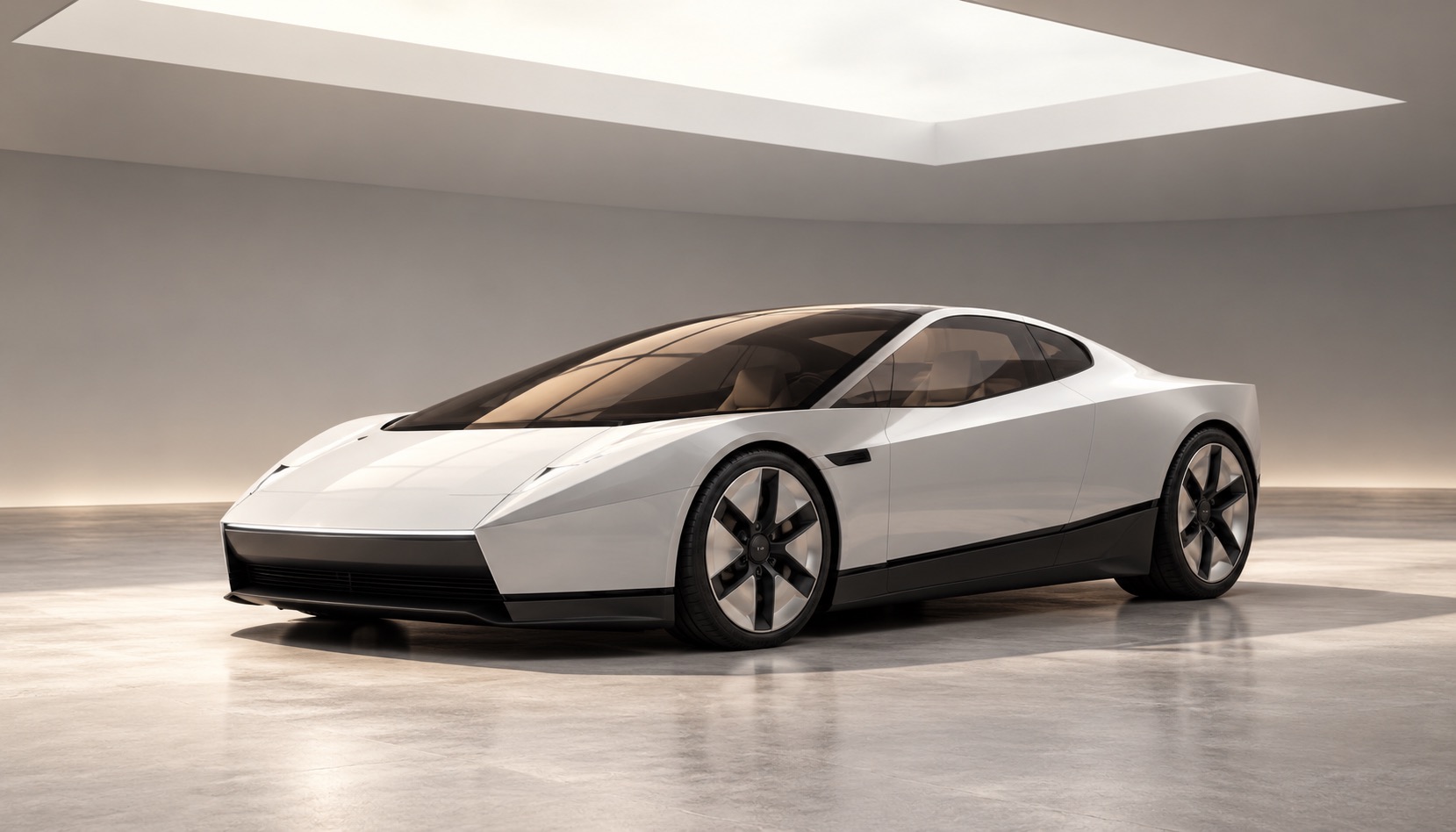 Immagine concettuale originale di una Roadster bianca in una galleria essenziale.